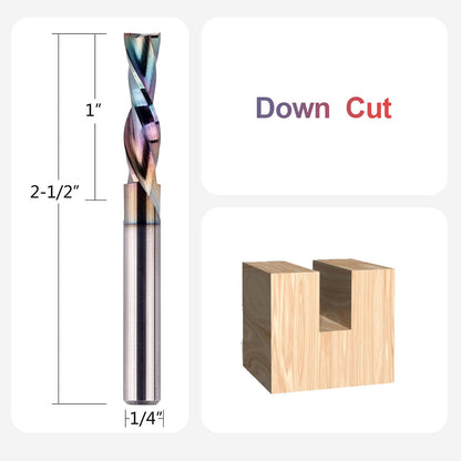 SpeTool 1/4 Inch Shank Downcut Spiral Router Bit 1/4 Inch Cutting Diameter 1 inch Cutting Length with Extra Long Life Coating and SpeTool Brass Router Template Bushing Guide Set