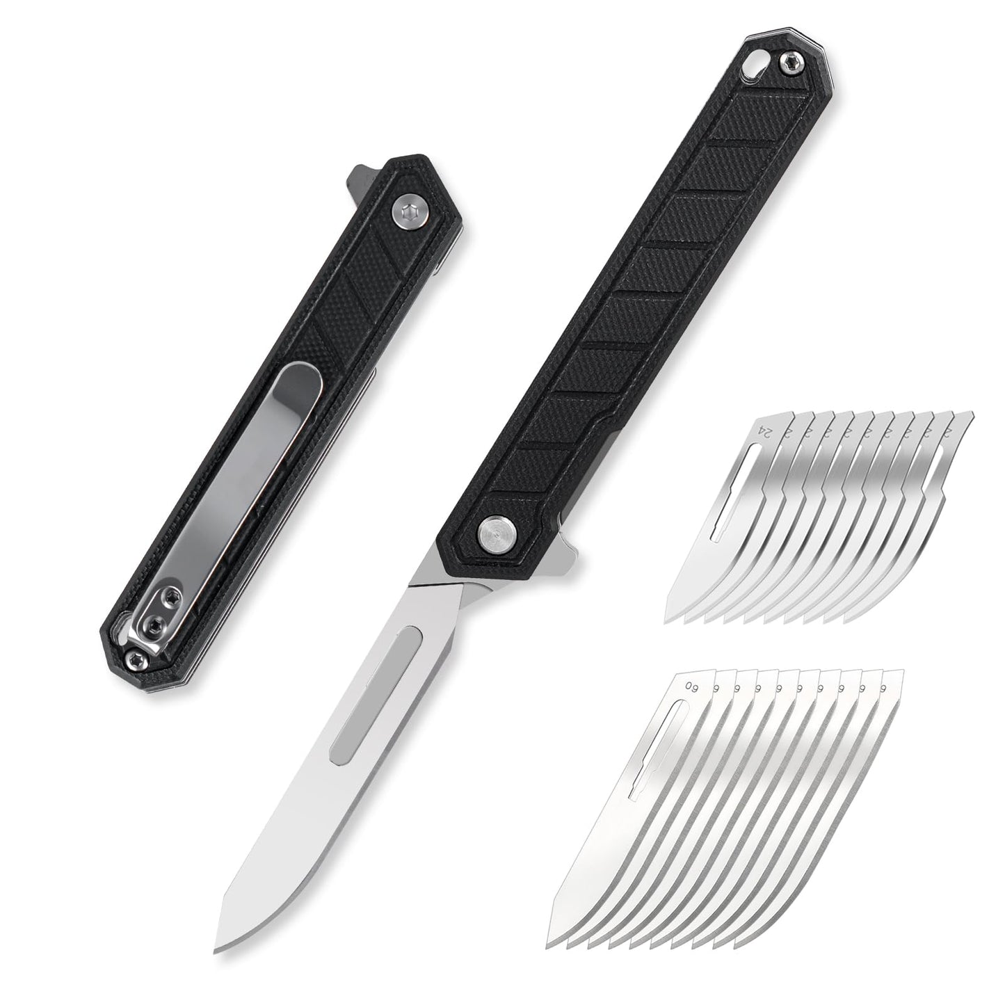 Tops Home Mini Folding Scalpel – Slim G10 Handle with Back Clip, Liner Lock Pocket Knife for Crafts, Utility Box Cutter, Includes 20 Replaceable Blades (#24 & #60) (Black)