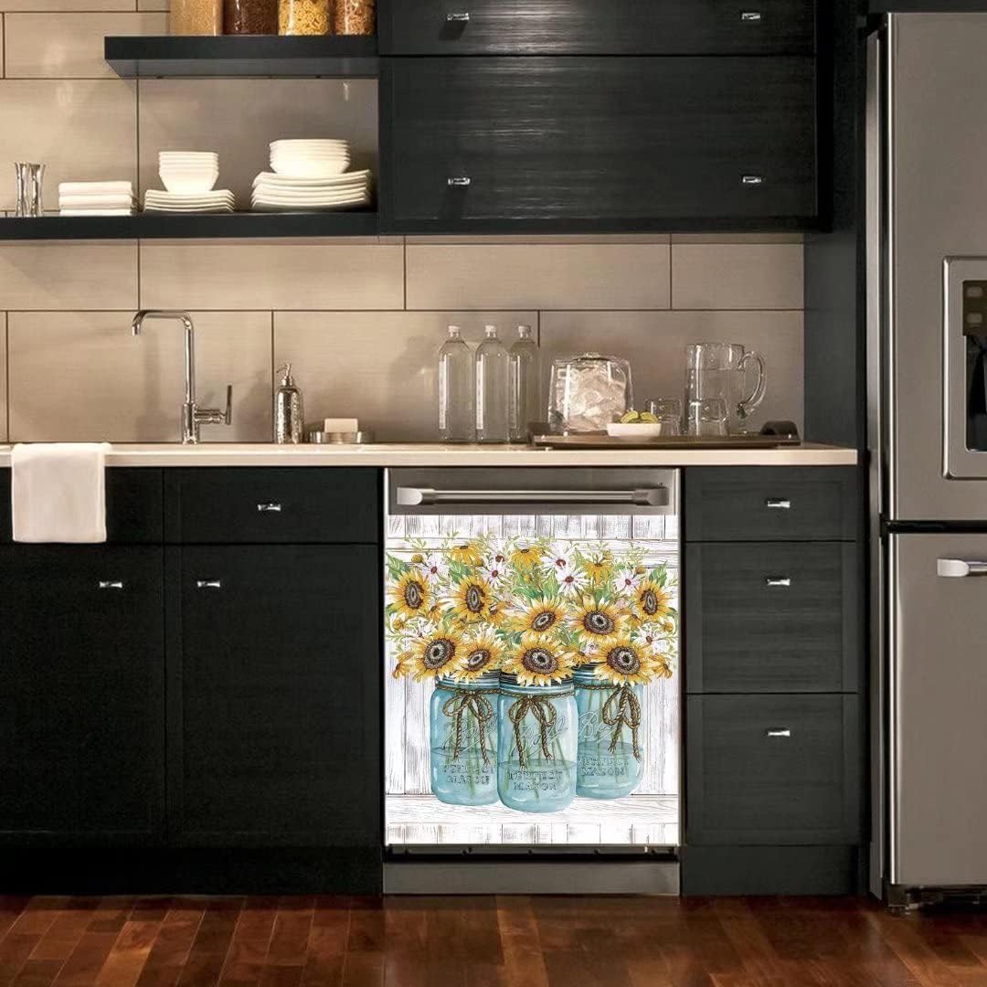 Farm Sunflower Dishwasher Cover Magnet Sticker, Vase Sunflowers Fridge Decal, Farm Style Vinyl Home Appliance Cover