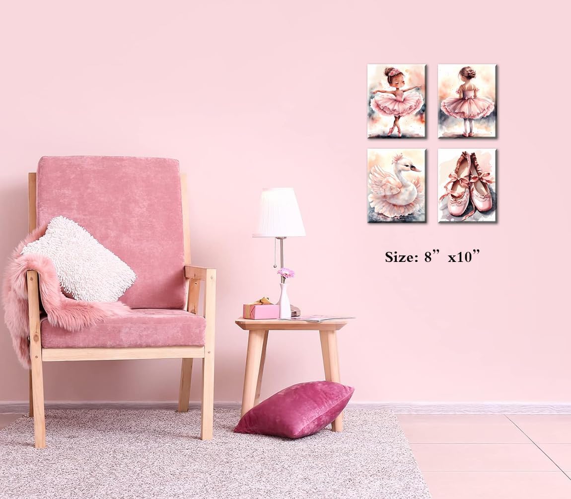 ZOIYINO Decor,Set 4(8x10) Framed Pink Ballet Nursery Wall Art,Pink Canvas Wall Art,Girls Ballerina Nursery Bedroom