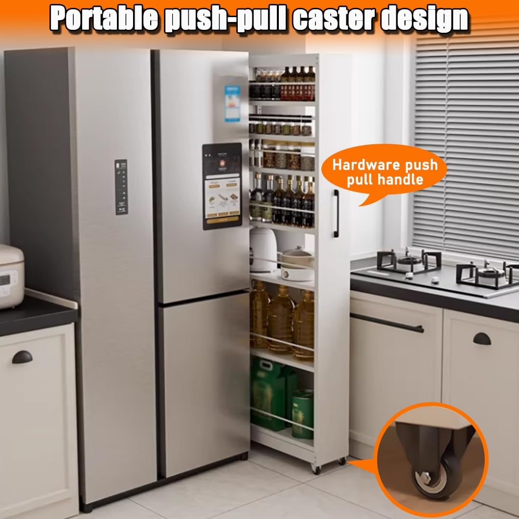 Slim Rolling Spice Rack Cart - 5/7 Tier Metal Kitchen Storage with Wheels, Narrow Shelf Utility Cart for Dining Room & Bakery, 9.8"x21.6"x72.6" - Organize Spices & Essentials