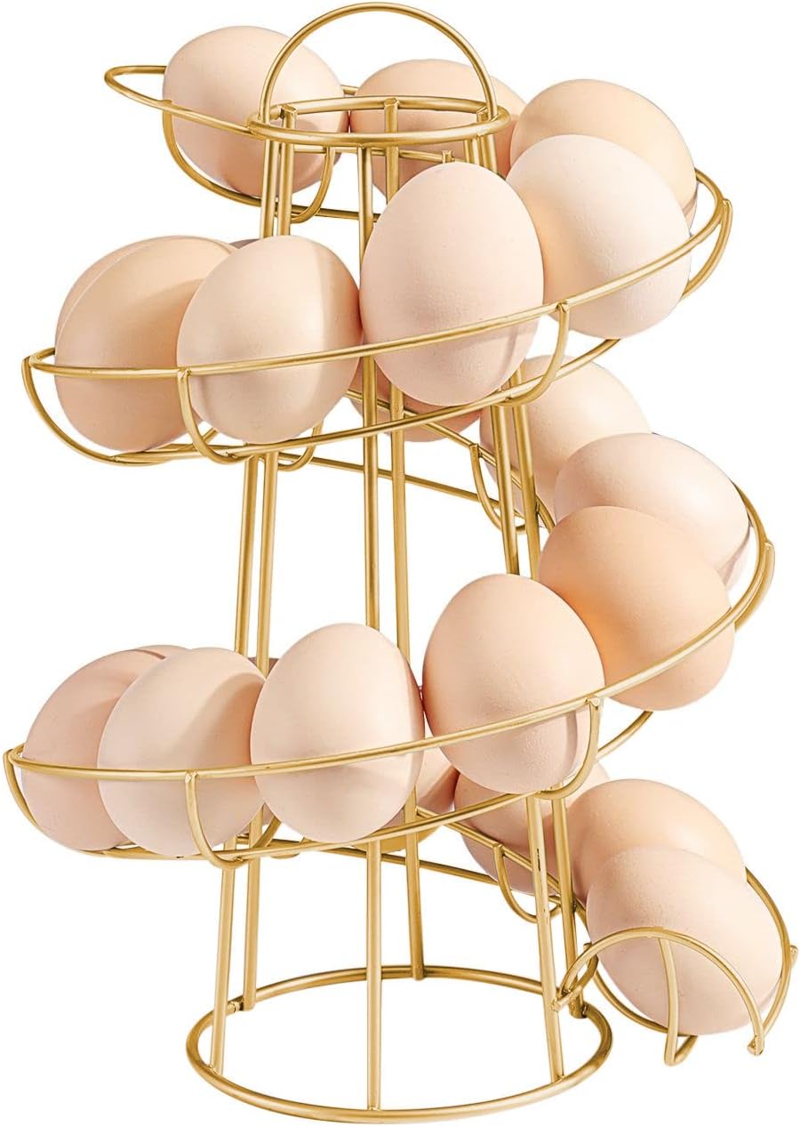 Flexzion Modern Spiral Egg Skelter, Freestanding Gold Countertop Egg Holder for Fresh Eggs Display