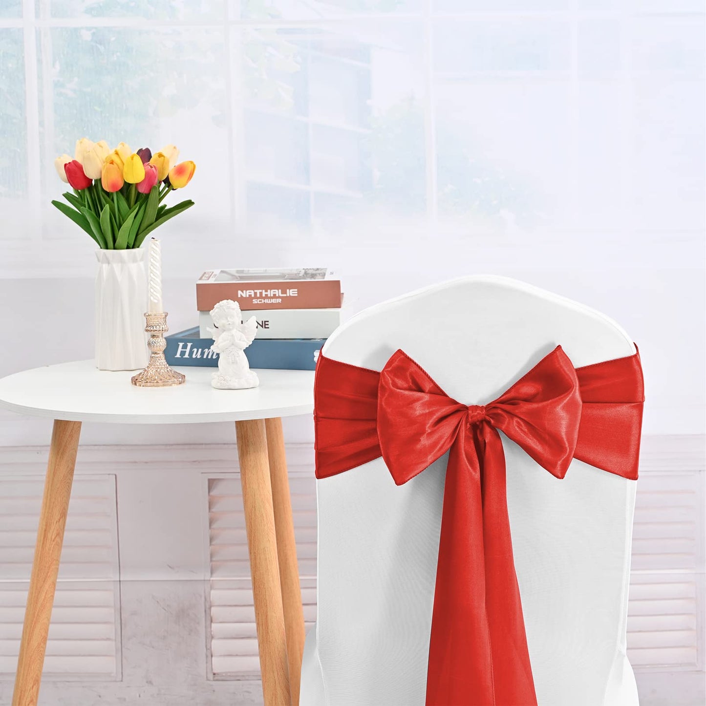 FXKS 100 PCS Satin Chair Sashes Red Bows Sashes for Chair Covers, Washable Reusable Chair Cover Back Tie Supplies for Wedding Reception Christmas Banquets Home Kitchen Decoration (7 x 108 inch)
