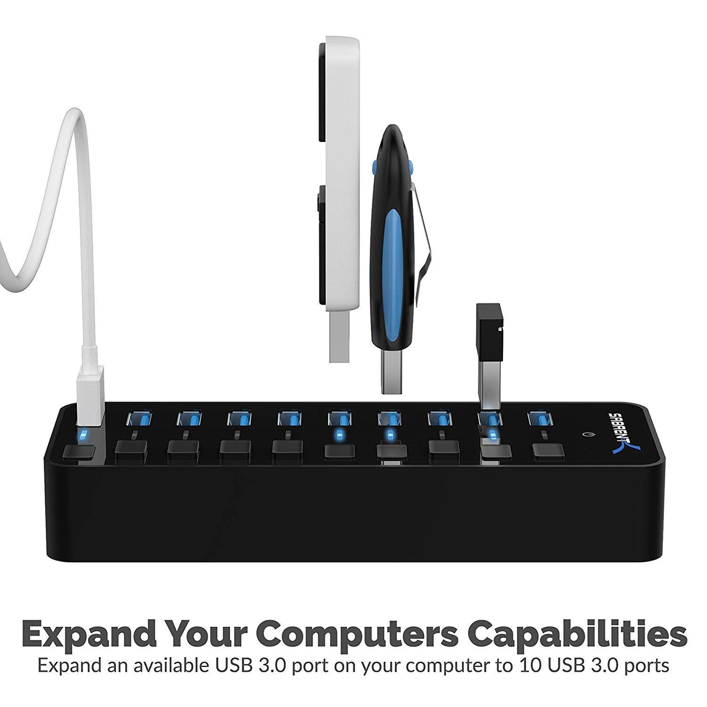SABRENT 10-Port USB 3.0 Hub, Individual Power Switches and LEDs, 3 Smart Charging Ports, 60W Power Adapter, for PC, Mac, Xbox, PS5, Laptop, Desktop, USB Devices (HB-B7C3)