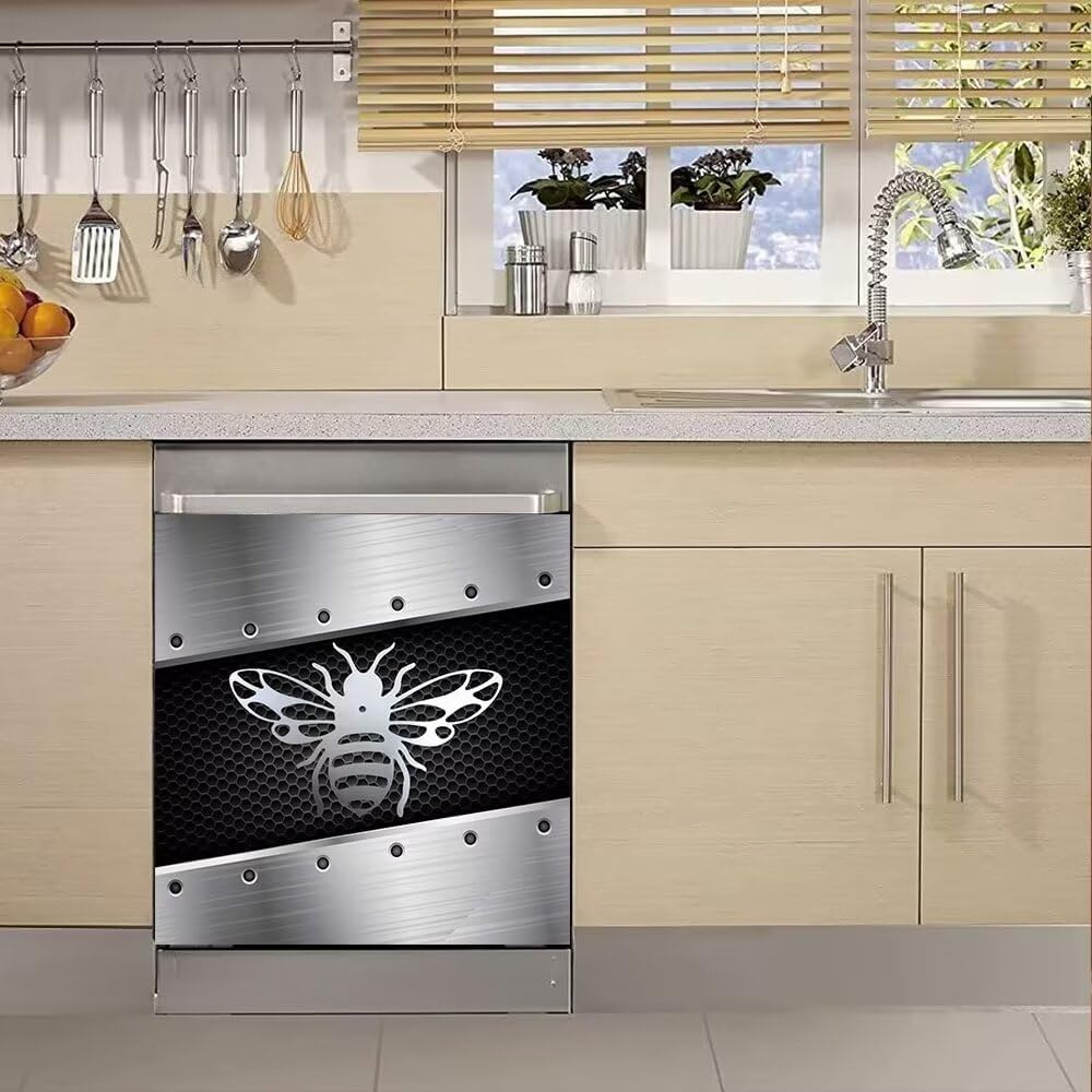 Silver Butterfly Dishwasher Magnet Cover, 23" x 26" Kitchen Decor, Stainless Steel Effect Vinyl Decal for Home Appliance
