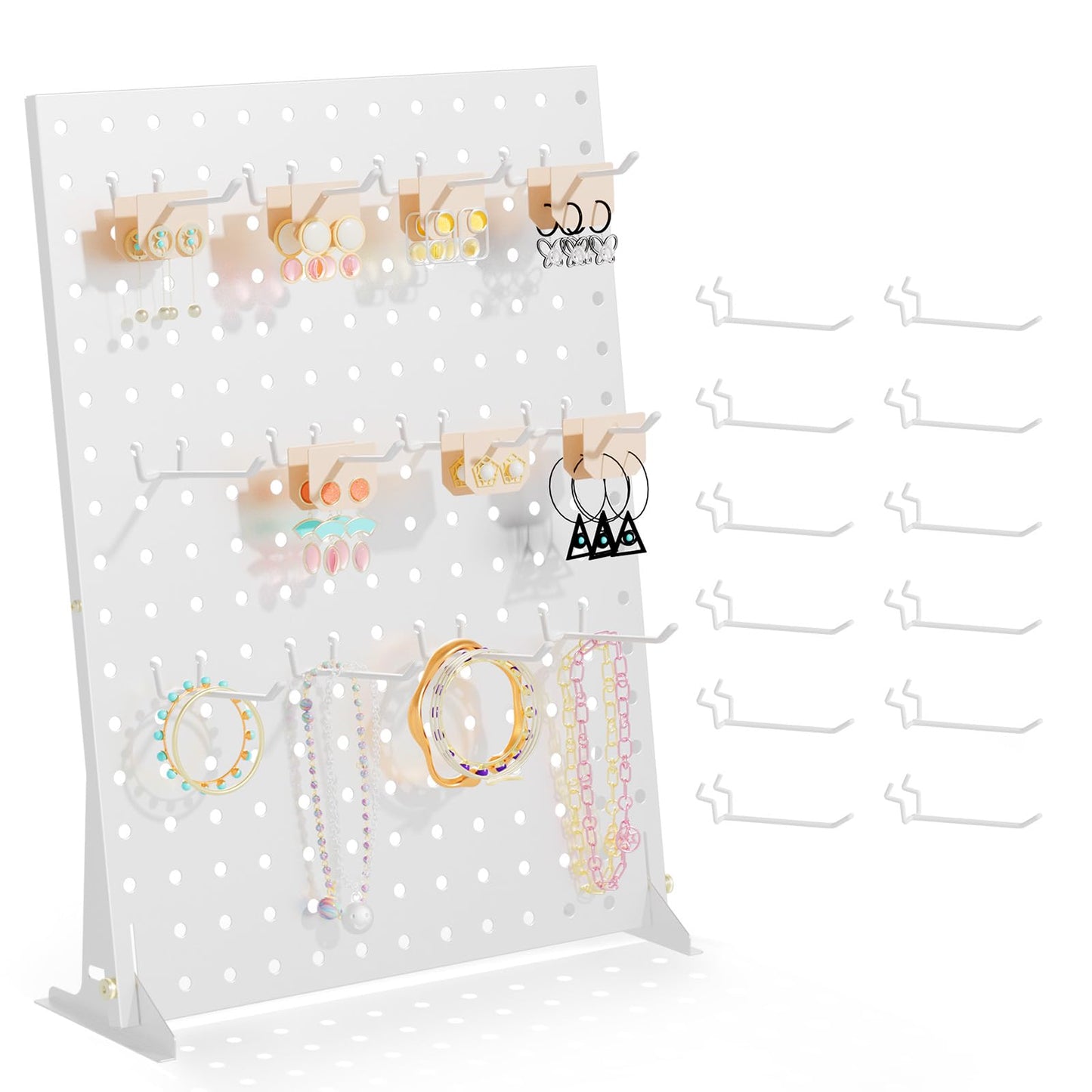 Urban Deco Portable & Adjustable Peg Board Display Stand | 17x13 Inch with 12 Hooks | Small Pegboard Quick-Setup, Metal Jewelry Organizer for Retail Stores, Craft Shows & Vendor Events (1-Pack, White)