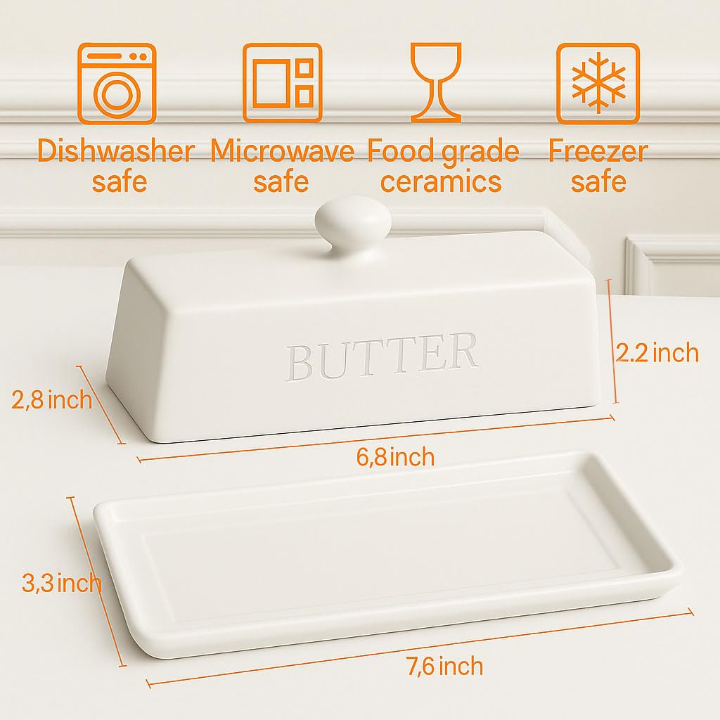 Butter Dish with Lid,WERTIOO Butter Dish With Lid for Countertop,7.6" x 3.3" Butter Tray,Butter Holder for 1 Stick.Textured Tray Butter Keeper for Non Slip Storage,Ceramic - White