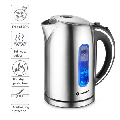 Aigostar King - Electric Kettle Stainless Steel, 1.7 Liter Cordless Tea Kettle, 1100W Hot Water Kettle with Auto Shut-Off, BPA-Free