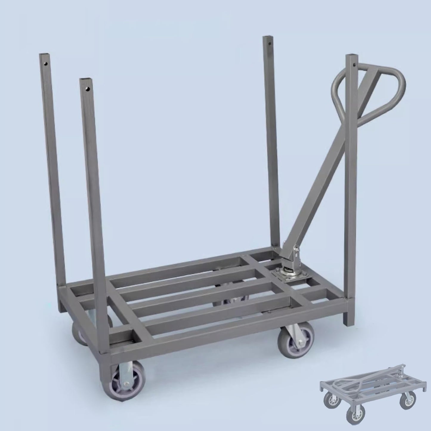 Heavy Duty Folding Platform Trolley, Removable Armrest and Fence Pole, Commercial Cloth Pulling Cart for Warehouse and Workshop, Easy Installation