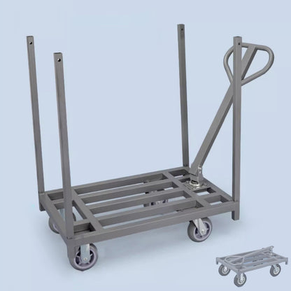 Heavy Duty Folding Platform Trolley, Removable Armrest and Fence Pole, Commercial Cloth Pulling Cart for Warehouse and Workshop, Easy Installation
