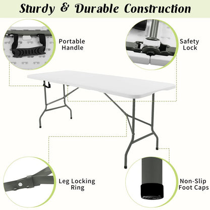 Fivenl 2 Pack 6 FT Folding Tables White Foldable Table, Fold-in-Half with Carrying Handle Portable Plastic Rectangular Table for Party, Dining, Wedding, Camping, Picnic, Indoor Outdoor Events