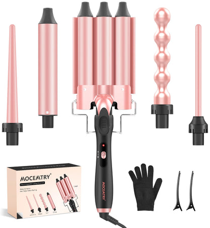 MOCEMTRY 5 in 1 Curling Wand Set (0.35"-1.25") with 3 Barrel Hair Crimper, Bubble Curling Wand and 3 Ceramic Barrels, Curling Iron 1 inch Crimper Hair Tool Waver with Two Temp Control, Gifts for Women