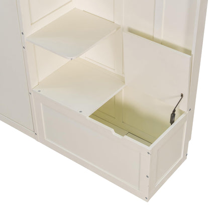 Merax Queen Size Murphy Bed with Storage and Lights, Hidden Fold-Out Legs, Foldable Murphy Cabinet Bed with Hook, Built-in Shelves & Cabinets, Wood Space-Saving Wall Bed for Guest Room Office, White