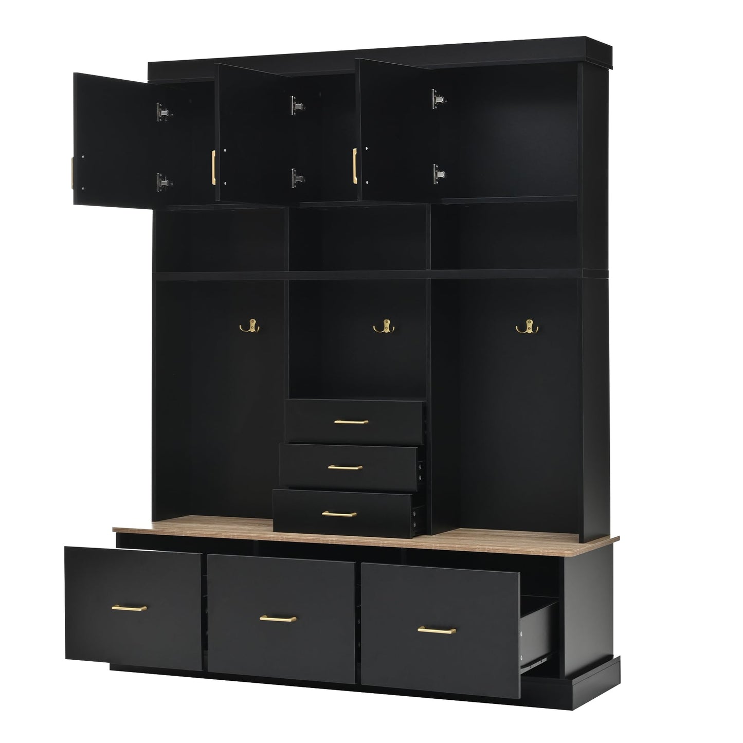 Merax 5-in-1 Hall Tree with Bench and Storage, Modern with Coat Rack, 6 Drawers, 3 Cabinets and 3-Tier Top Storage for Hallway, Entryway, Living Room, Black