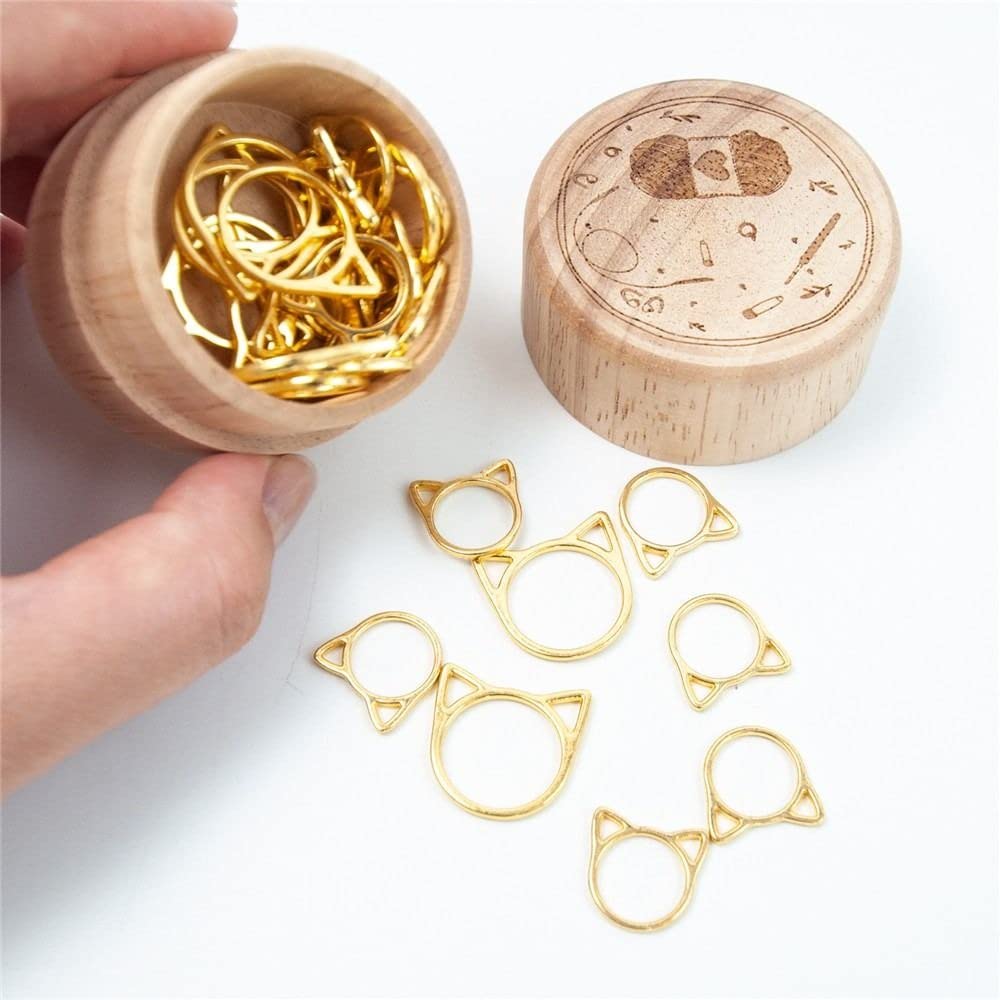 30 Pcs Stitch Markers with Wooden Storage Box, Cat Ears Metal Knitting Crochet Locking Markers Crochet Latching DIY Weaving Knitting Sewing Tools