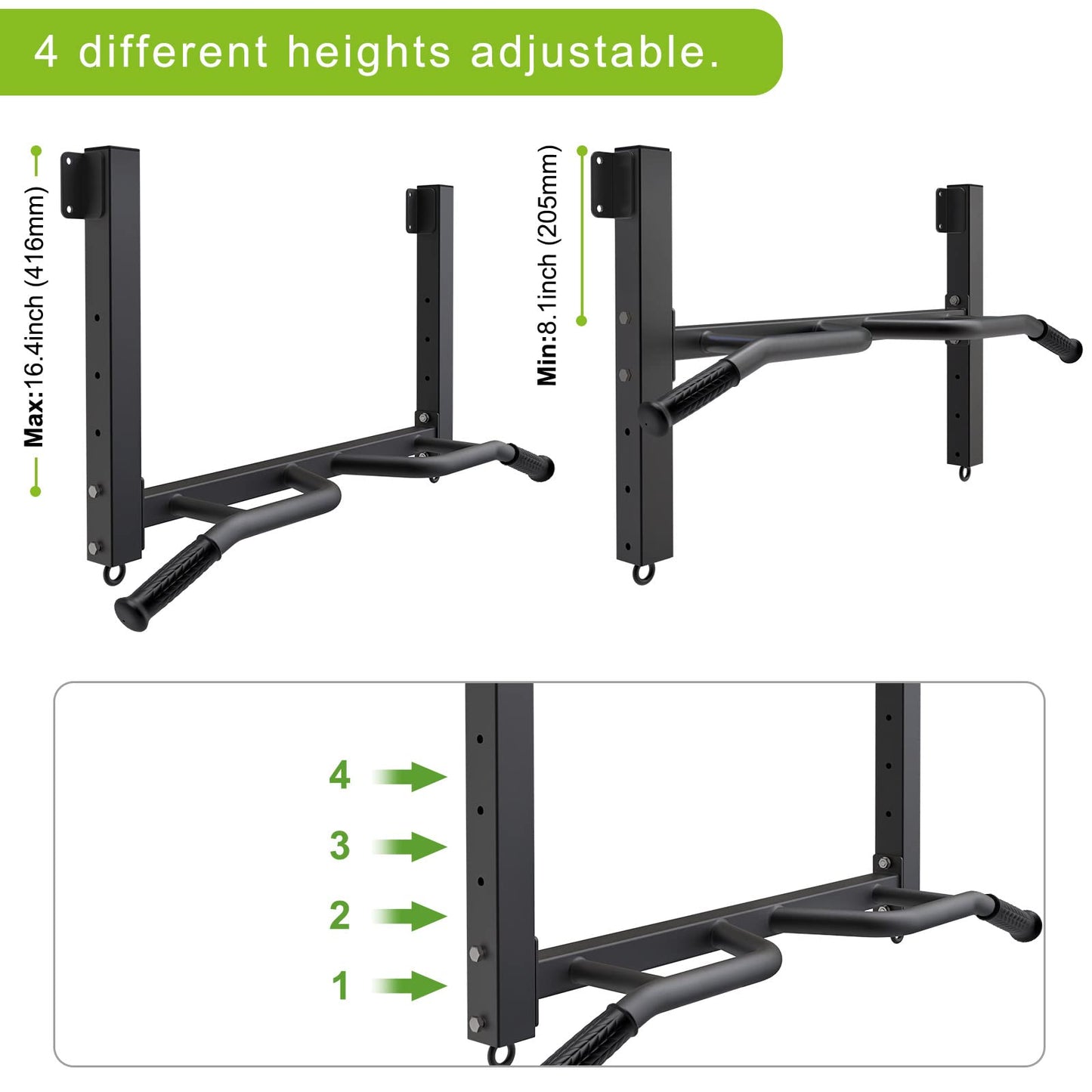 Kipika Joist Mount Pull Up Bar - Heavy Duty Chin Up Bar - 4 Height Levels, Multi-Angle Grip, Rings for Accessories - Ideal for Home Gym Workout and Crossfit Training