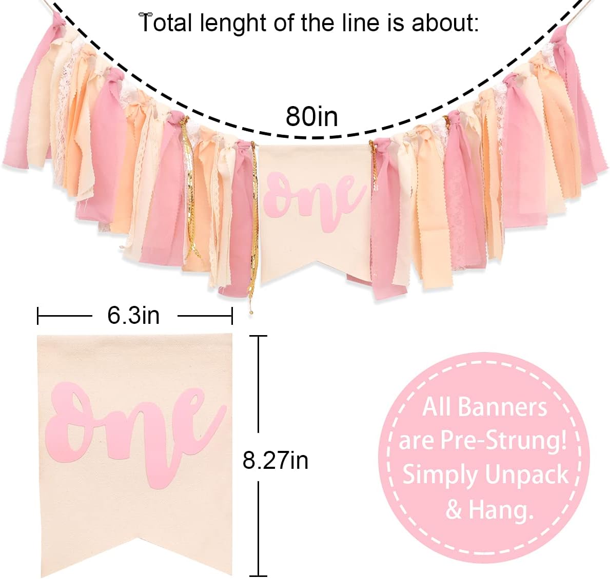 1st Girl Pink Theme Birthday High Chair Banner - Boho First Birthday Cake Smash Photo Decor (PINK ONE HF)