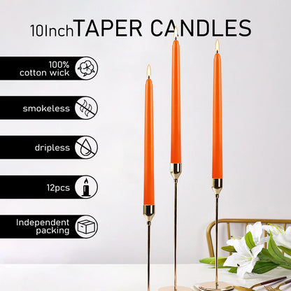 12-Pack 10-Inch Orange Taper Candles - Cotton Core, Clean Burning unscented, Drip-Free & Smokeless, Elegant Conical Design for Halloween, Weddings & Family Celebrations