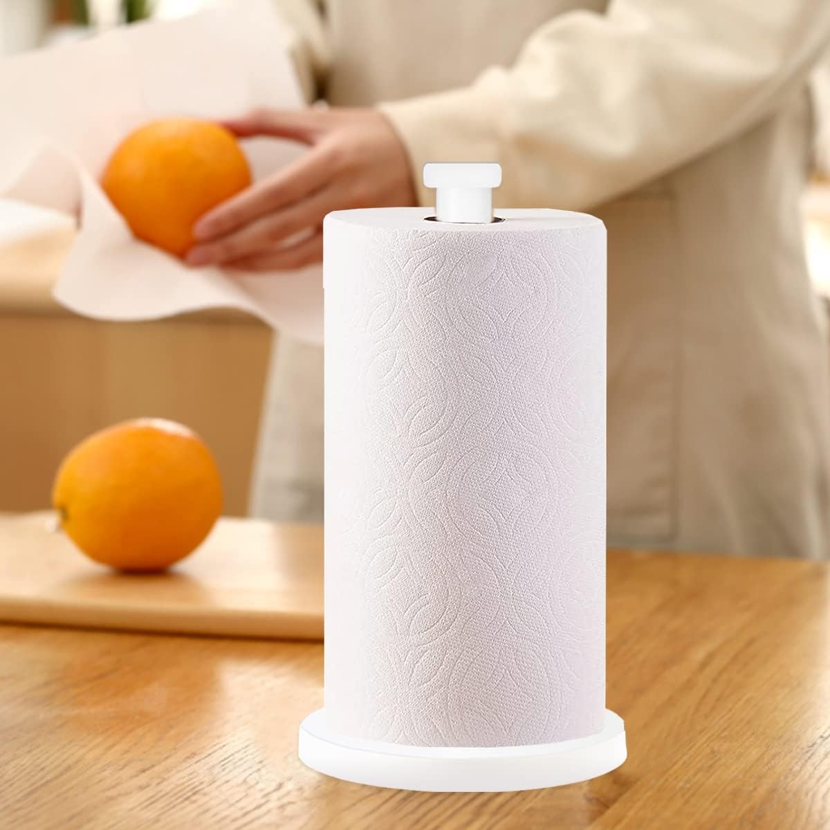 White Paper Towel Holder, Standing Countertop Roll Holder for Kitchen, Convenient Paper Towel Storage