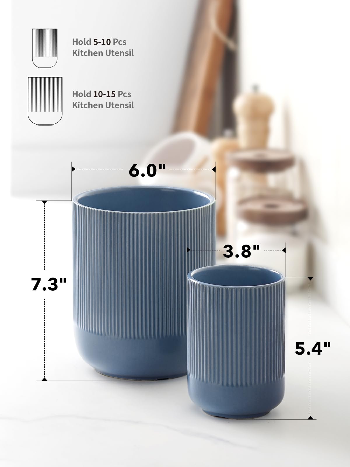 LE TAUCI Utensil Holder for Kitchen Counter, 7.3"+5.4" Fluted Ceramic Utensil Crock Organizer for Countertop, Heavy Large Holder for Spatulas, Spoons, Set of 2, Dusty Blue