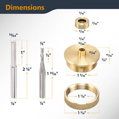 POWERTEC Solid Brass Inlay Kit with 1/8" Downcut Spiral Router Bit 1/4" Shank, Router Bushing Guide, Collar, and Centering Pin - Compatible w/ 1/4" Templates for Woodworking