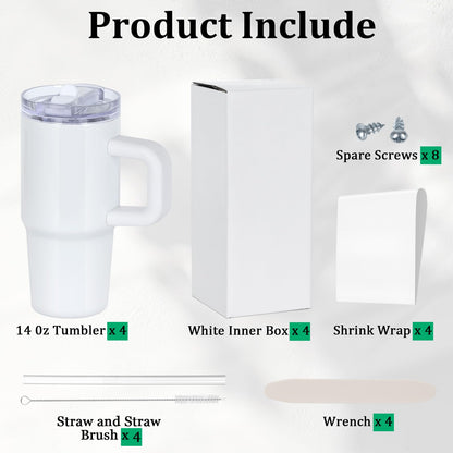 Tswofia 4 Pack 14 Oz Sublimation Tumblers Bulk for Kids with Handle & Splash Proof Detachable Flip Straw Lid, Kids 14 Oz Stainless Steel Double Insulated Sublimation Tumbler Blanks (White)