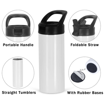 Micellwuu 8 Pack Kid Sublimation Sports Water Bottle Blanks, 15 Oz Sublimation Tumblers Bulk Leak Proof Stainless Steel Bottles Flask with Portable Handle, Individually Boxed