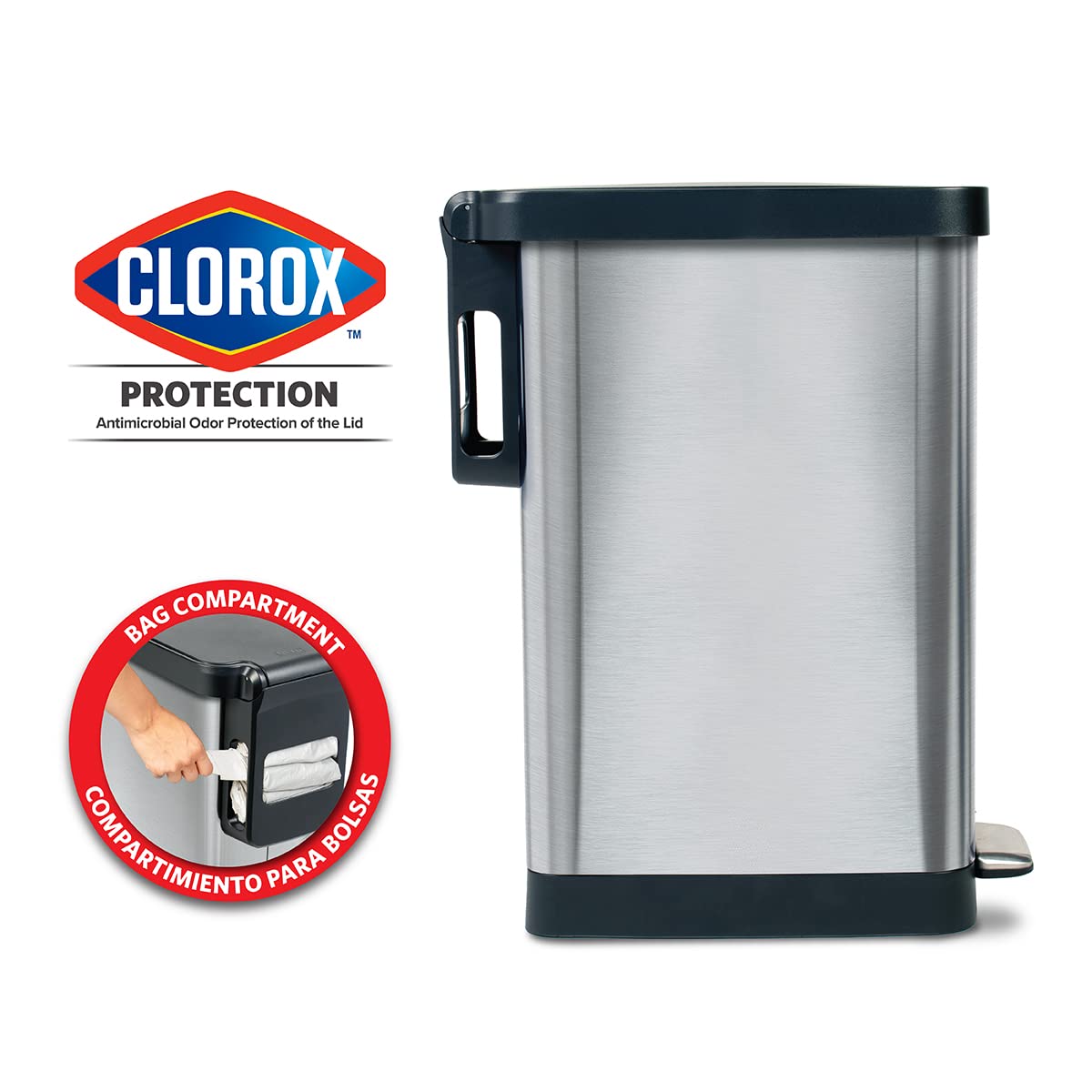 Glad Slim Trash Can with Clorox Odor Protection - Narrow Kitchen Garbage Bin with Soft Close Lid, Step On Foot Pedal and Waste Bag Roll Holder, Stainless Steel, 12 Gallon/45 Liter