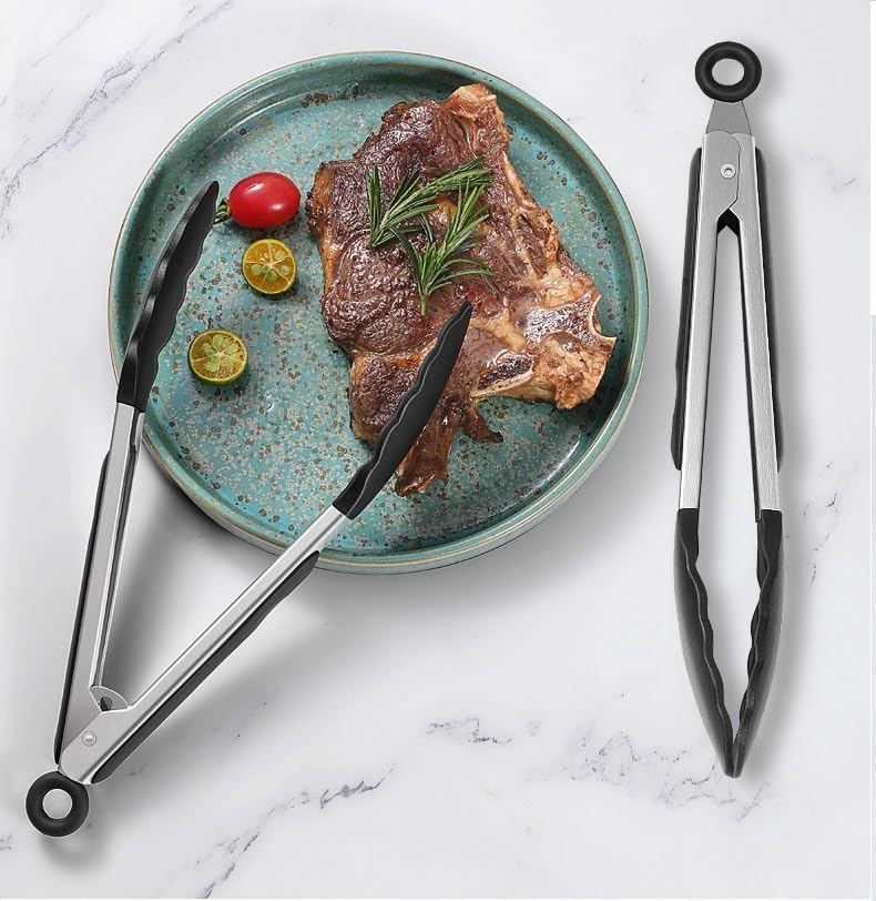 Kitchen Tongs for Cooking, Locking Silicone Tongs, Stainless Steel Serving Tongs, 7, 9, and 12 In Locking Food Tong