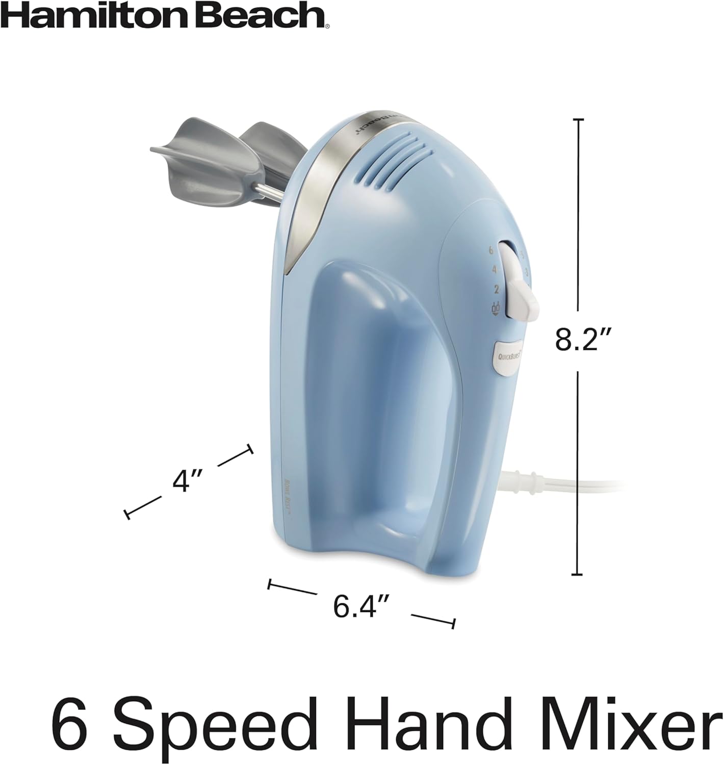 Hamilton Beach 6-Speed Electric Hand Mixer with Whisk, Dough Hooks, Easy Clean Beaters, 275 Watts, Blue