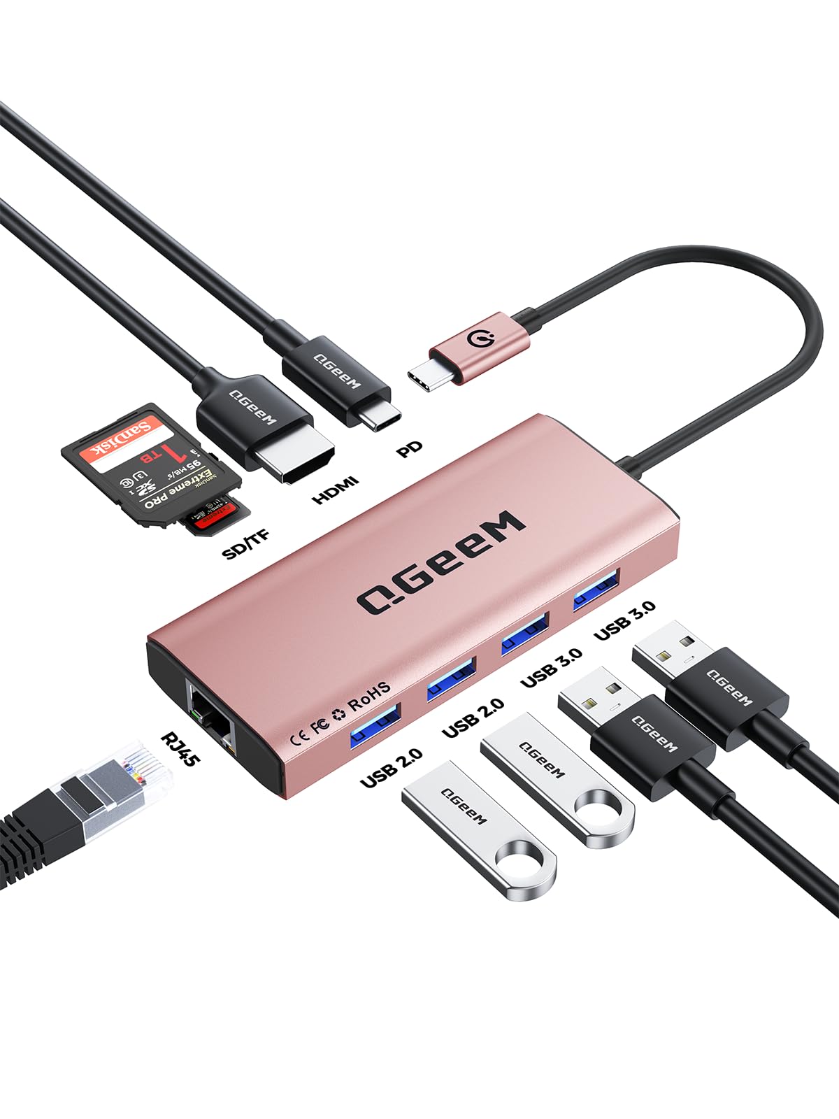 QGeeM USB C Hub Ethernet,9 in 1 USB Type C Hub HDMI Multi-Port Converter Adapter,100W Pd, USB 3.0,SD/TF Card Reader,Compatible for MacBook Pro Air Ipad HP Dell Lenovo Chromebook etc.