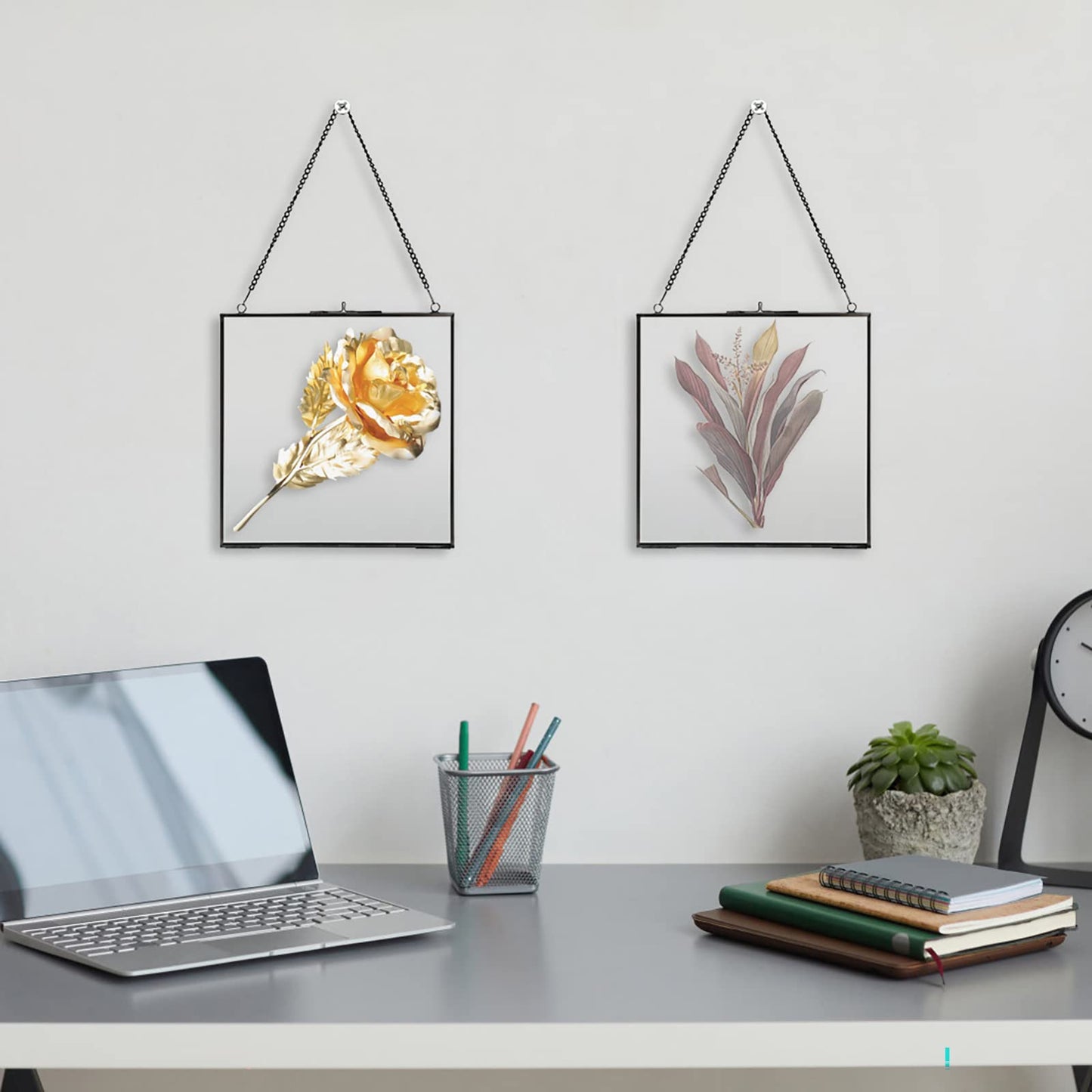 JUXYES 2 Pack Square Wall Hanging Brass Frames for Pressed Flowers, Double Glass Hanging Picture Artwork Display Frame, Black Floating Style Gallery Wall Frame for Picture, Poster, etc