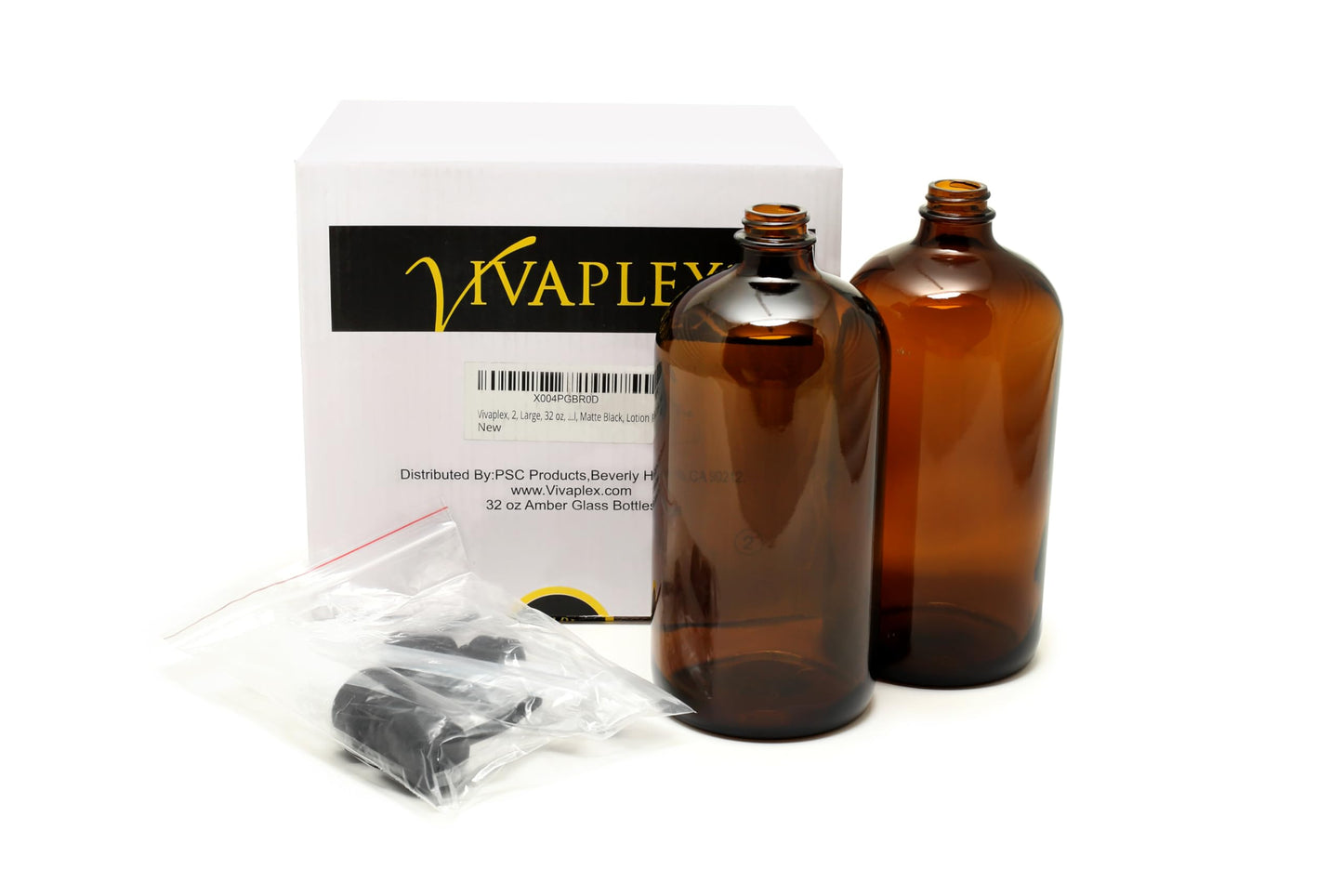 Vivaplex, 2, Large, 32 oz, Empty, Amber Glass Bottles with Stainless Steel, Matte Black, Lotion Pumps