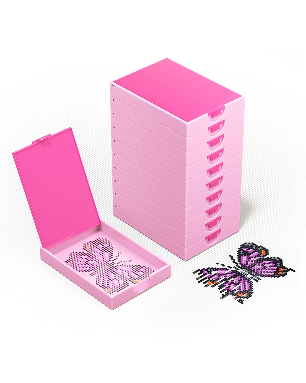 CATEARED 2-in-1 Diamond Art Trays With Lids,Anti-static Diamond Art Storage Containers, Diamond Art Accessories Diamond Painting Trays with Lids & Line-Up, Box Package (Light Pink, 10 piece Tray Kit)
