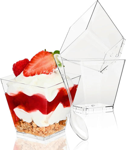 50 Pack 3.5 oz TOFLEN Plastic Dessert Cups with Spoons, Irregular Square Mini Dessert Bowls for Party Trifle, Yogurt