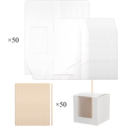 Frcctre 50 Pack White Kraft Candy Apple Boxes with Holes and Sticks, 4" x 4" x 4" Caramel Apple Box Gift Boxes Favor Boxes with Clear Window for Wedding Christmas Baby Shower Party Accessories