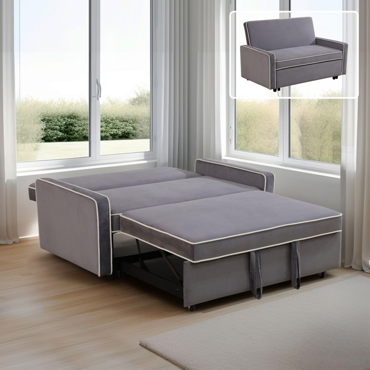 UOCFYK 3-in-1 Convertible Sofa Sleeper Bed 2-Seat Comfy Lounge Loveseat with Adjustable Backrest, Flannel Pull Out Fabric Lazy Couch Chaise, Perfect for Home Apartment Dorm Office Living Room, Gray