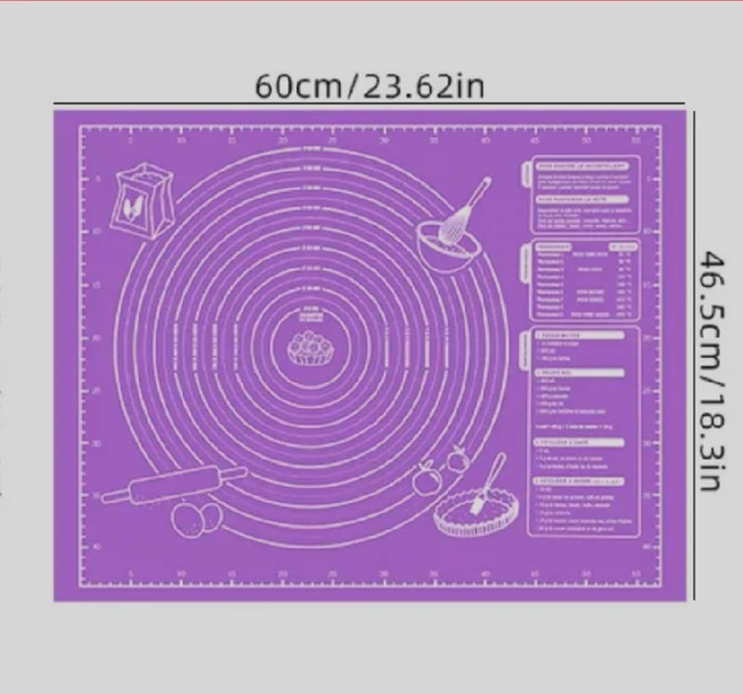 Large Silicone Pastry Mat, Purple, 23.6 x 18.3 inches, Non-Stick Baking and Kneading Mat with Measurements