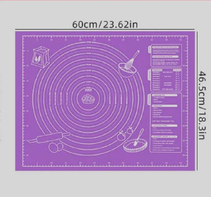 Large Silicone Pastry Mat, Purple, 23.6 x 18.3 inches, Non-Stick Baking and Kneading Mat with Measurements