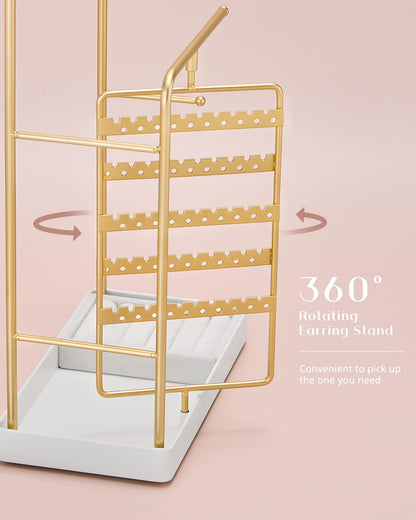 ProCase Jewelry Stand Holder Organizer, Jewelry Display Storage with Ring Tray, Rotating Earring Bracelet Necklace Holder, Valentine's Gifts Room Dorm Decor for Teen Girls -Gold (No-Assembly)
