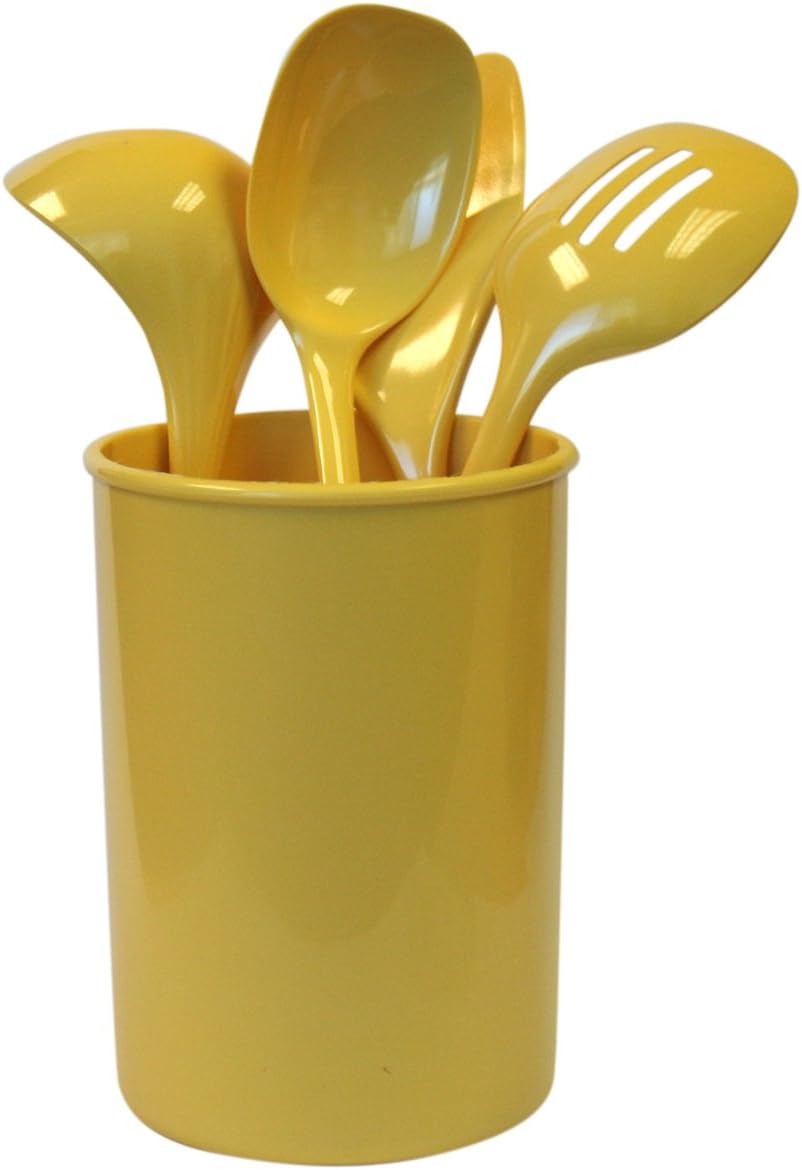 Calypso Basics 5 Piece Kitchen Utensil Holder with Heat Resistant Spoon, Slotted Spoon, Ladle, Spatula, BPA Free, Lemon