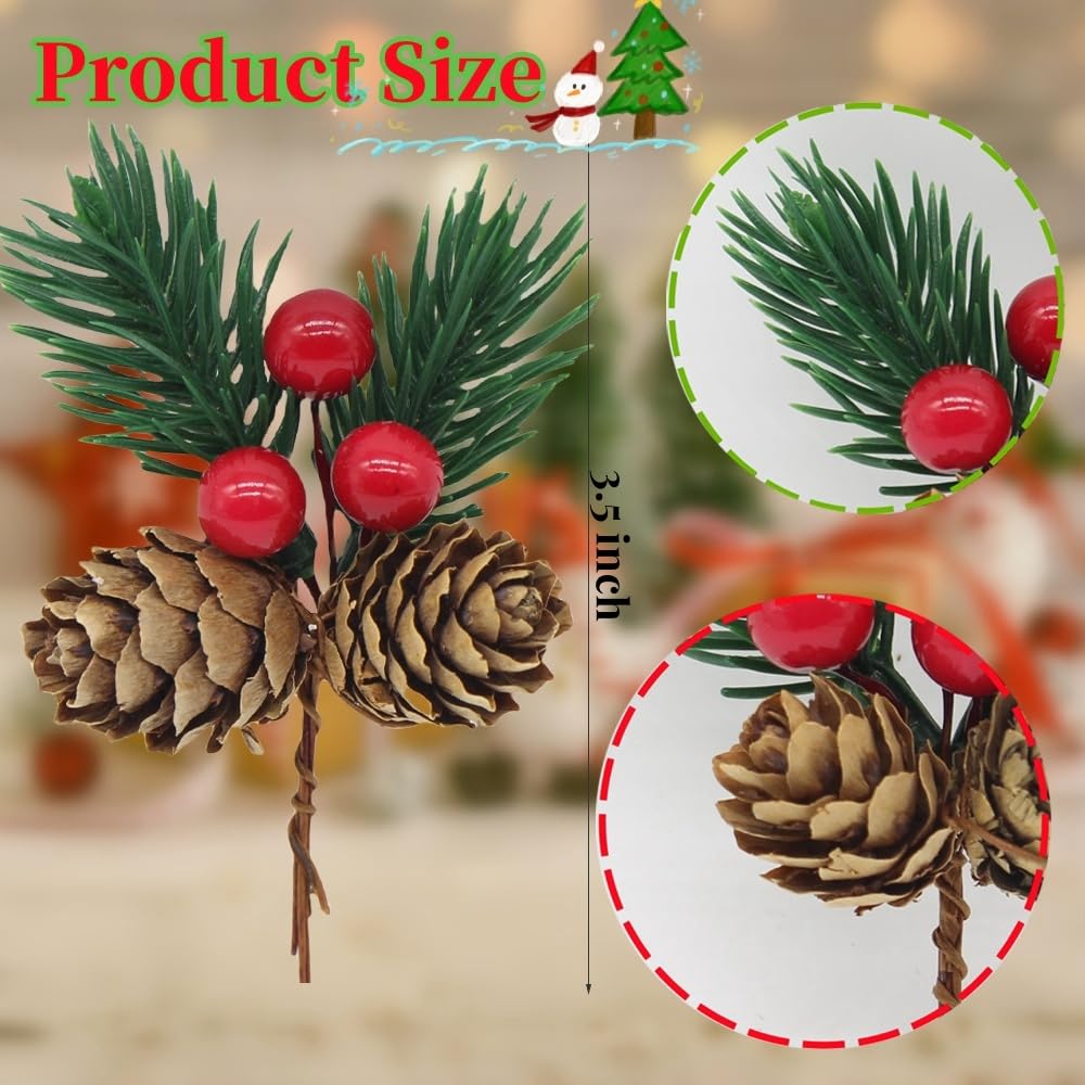 YGbridge Christmas Floral Picks, 30Pcs Pine Cone Holly Berry Stems for Crafts, Artificial Christmas Picks and Sprays, Red Berry Branches Greenery for Christmas Home Decor, Garland, Wreath (30)