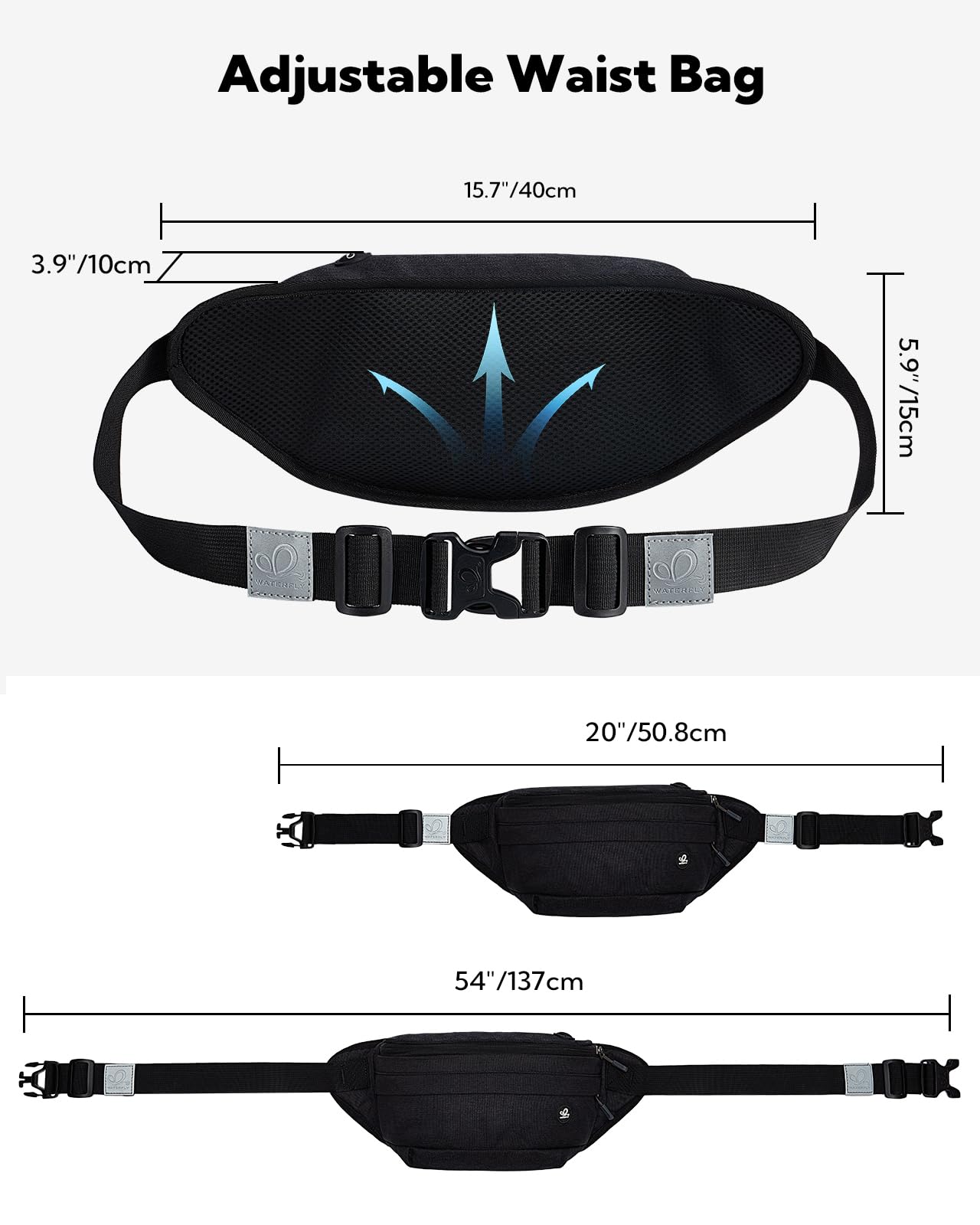 WATERFLY Fanny Pack for Men Women Water Resistant Large Hiking Waist Bag Pack Carrying All Phones for Running Walking Traveling (Black)