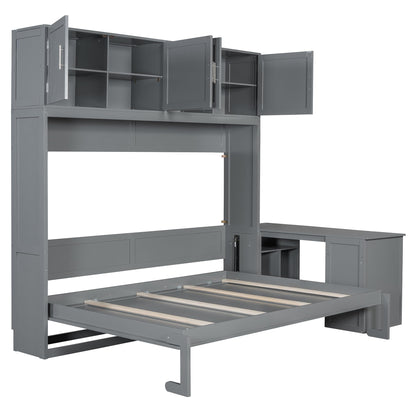 Merax Queen Size Wall Murphy Bed with Desk and Storage Shelves and Big Cabinets for Guest Room, Bed Room, Guest Room, Home Office, Gray