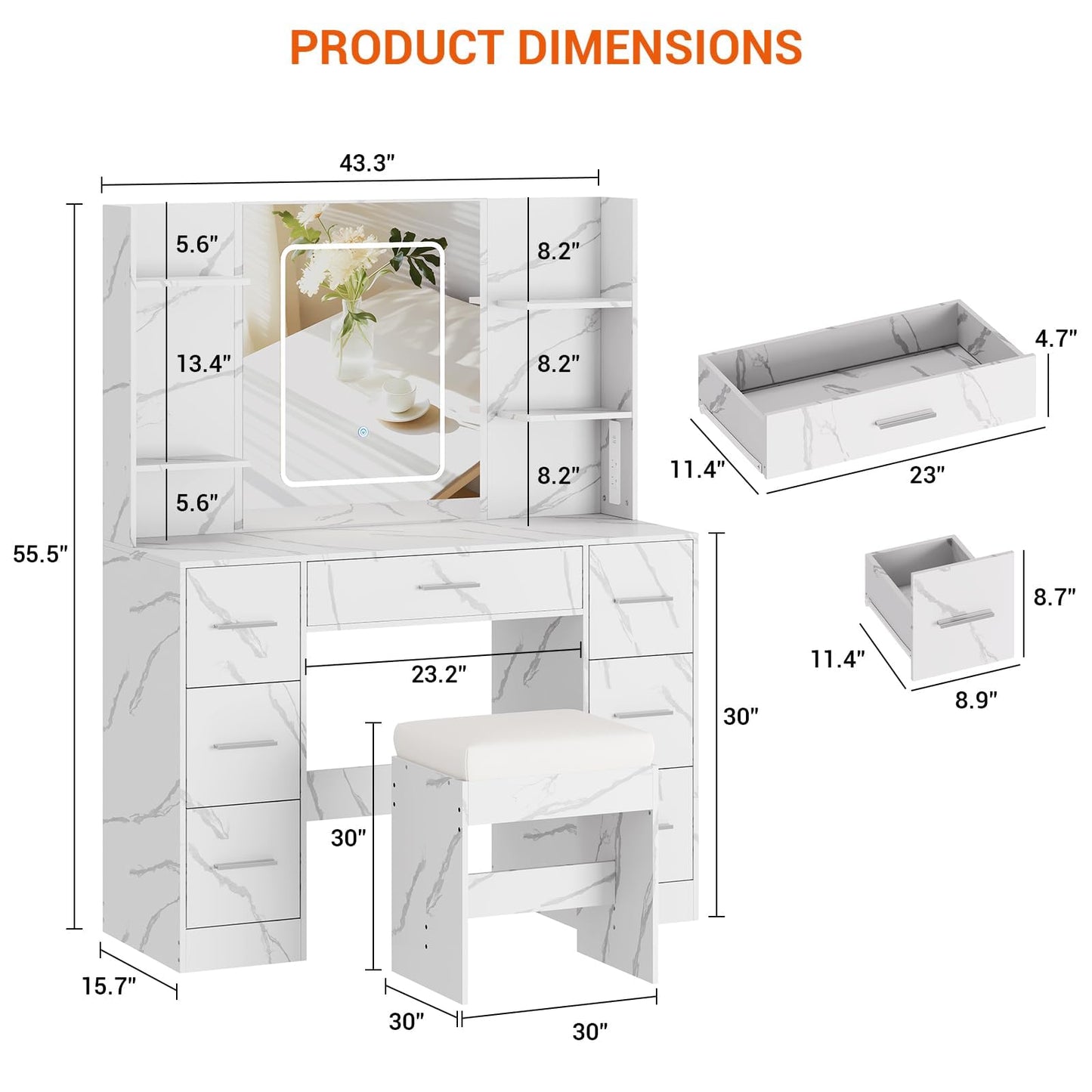 7-Drawer White Vanity Desk with Lighted Mirror & Dimmable LED Lights,Makeup Vanity Set with Power Outlets & USB Ports, 3 Color Lighting Modes, Cushioned Stool & Hair Dryer Holder, Dressing Table for