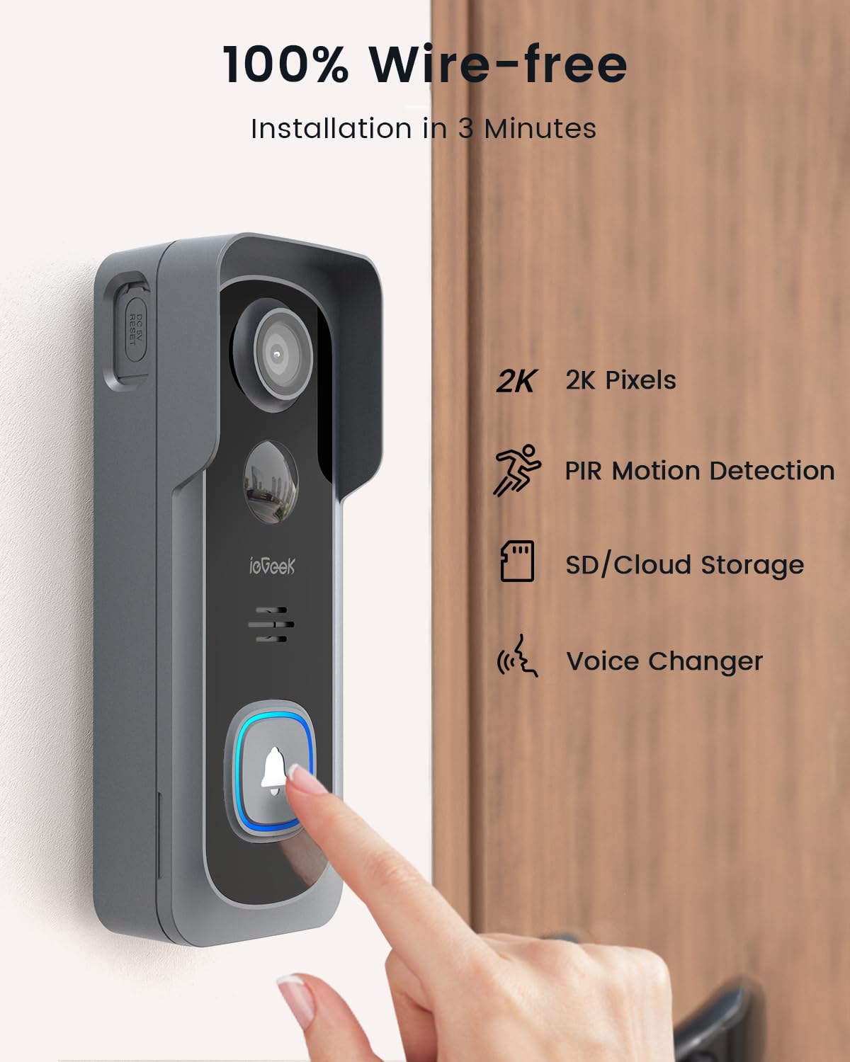 ieGeek Doorbell Camera Wireless No Subscription - Wireless Video Doorbell with Chime, Doorbell with Camera 1080P, Voice Changer, 2-Way Audio, PIR Motion Detection, Only 2.4Ghz WiFi, Works with Alexa