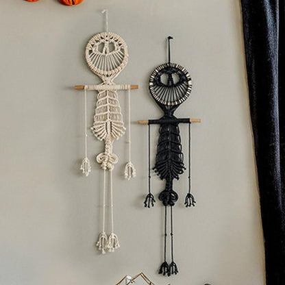 VIVIANYO HD Boho Macrame Wall Hanging Halloween Decorations Human Skeleton Tapestry 42 Inch Body Cute Skull Decoration Handmade Woven Fabric Wall Decor for Dorm Bedroom Living Room (White)