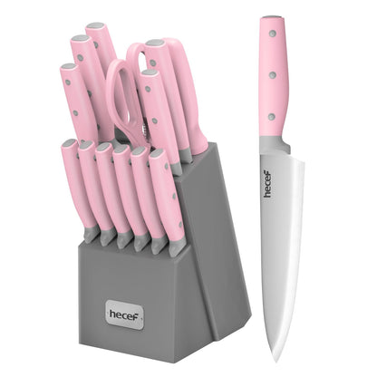 hecef Kitchen Knife Block Set, 14 Pieces Knife Set with Wooden Block & Sharpener Steel & All-purpose Scissors, High Carbon Stainless Steel Cutlery Set (Yellow)