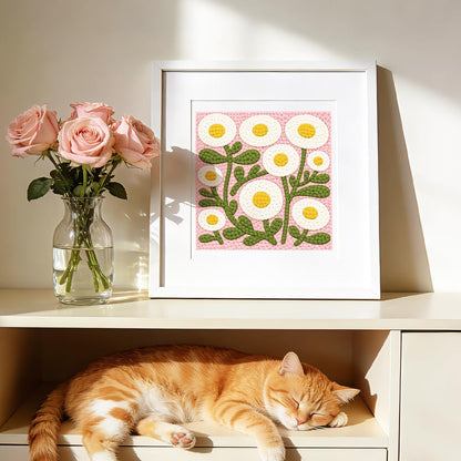 DOODLREAM Round Flower Needle Kit for Beginner, 9.4"x 9.4" Cute Floral Punch Stitching Craft Set, DIY Embroidery Starter with Printed Frame, Instruction, Threader, Yarn, Pinch Needle