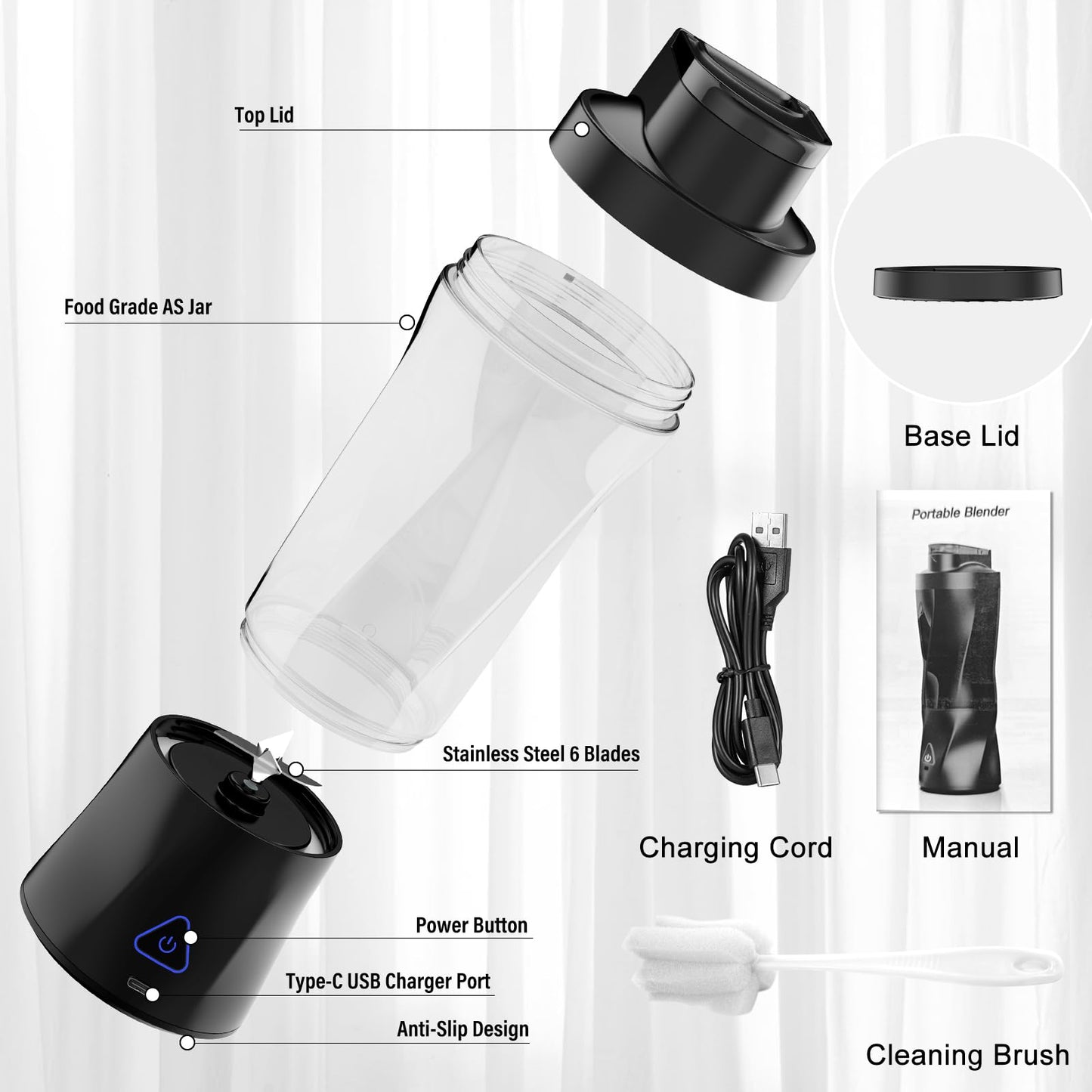Portable Blender, 360W Personal Blender for Shakes and Smoothies for Kitchen, 24 Oz BPA Free Traveling Juicer Cup and Lid with 6 Blades, Self Cleaning Portable Juicer for Kitchen/Travel/Gym, Black